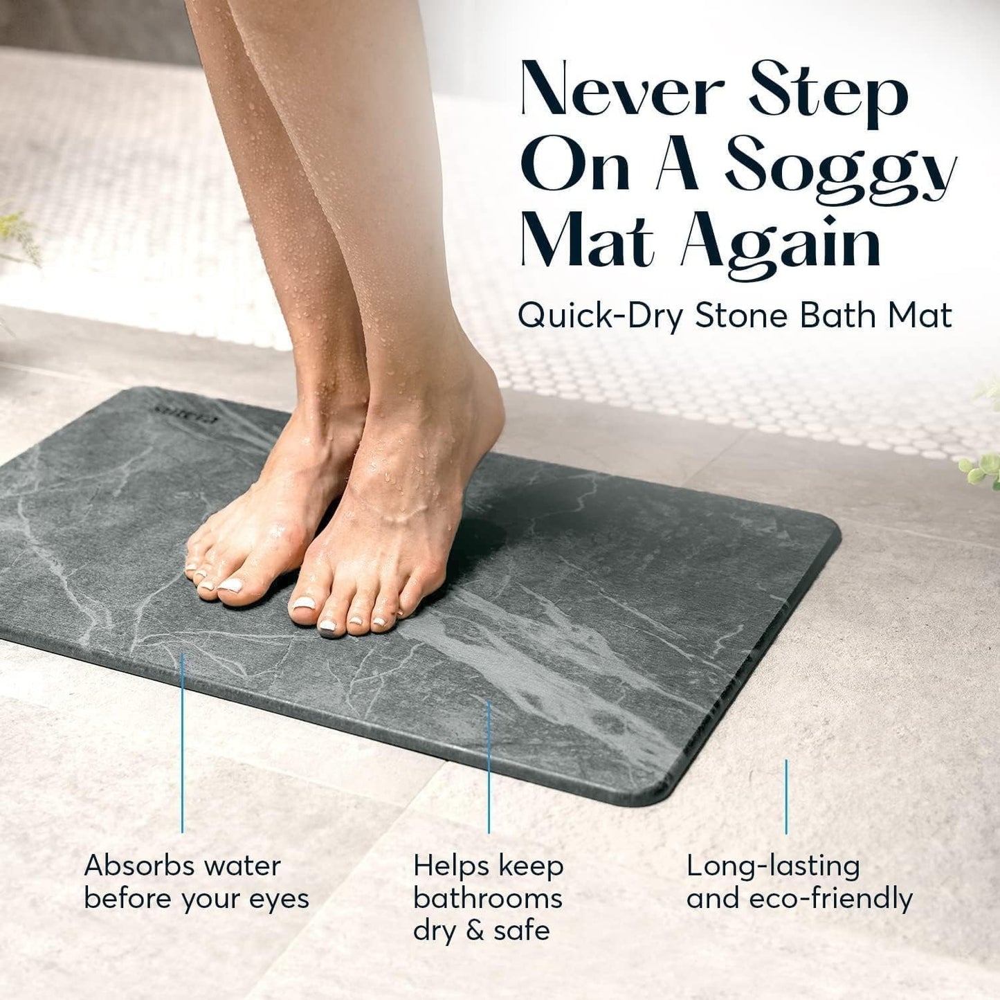 HUNZO Stone Bath Mat Non-Slip | Super Absorbent | Quick Drying | Bathroom Floor Mat Natural Easy to Clean (Dark Marble, 40*60cm)