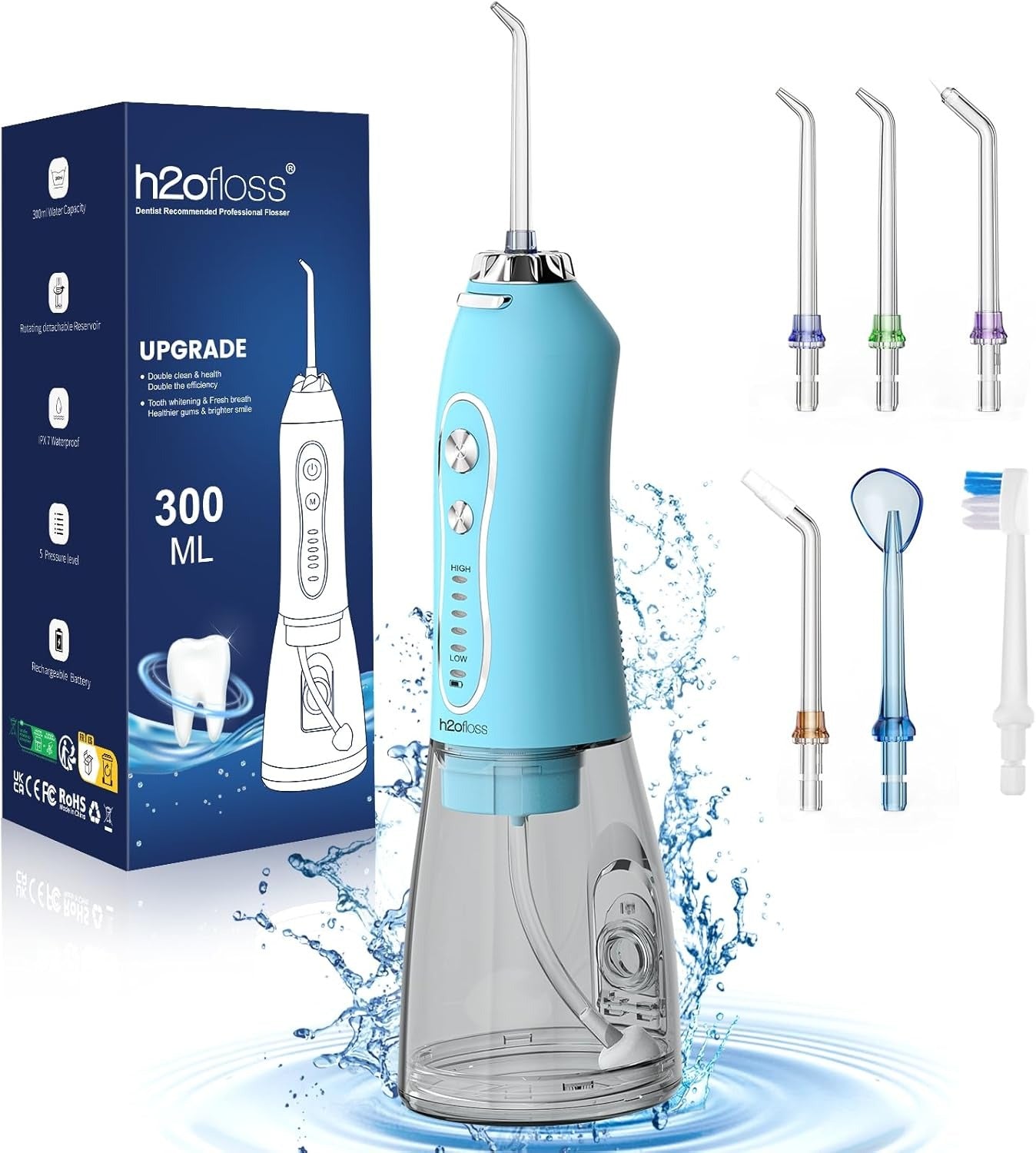 H2ofloss Cordless Water Dental Flosser – 5 Modes, Rechargeable IPX7 Waterproof Oral Irrigator with 300ml Tank for Home & Travel