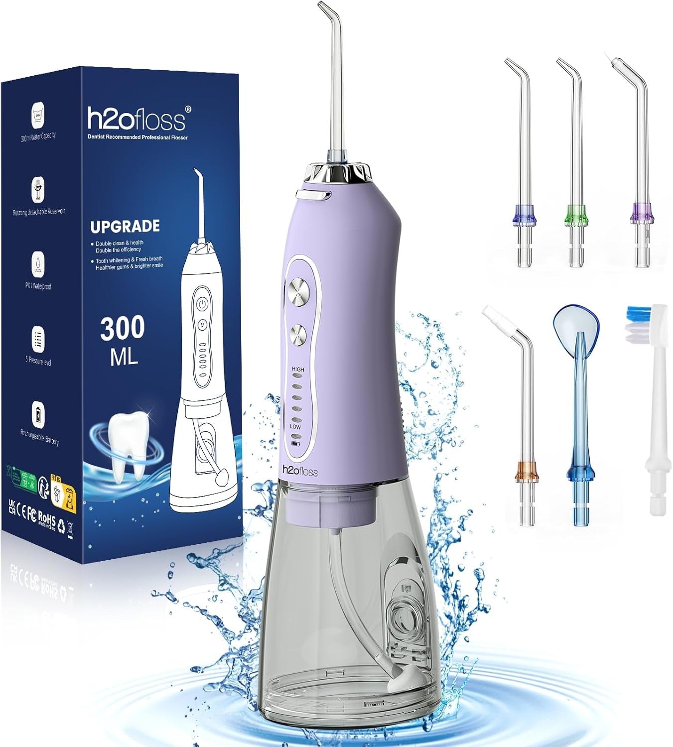 H2ofloss Cordless Water Dental Flosser – 5 Modes, Rechargeable IPX7 Waterproof Oral Irrigator with 300ml Tank for Home & Travel