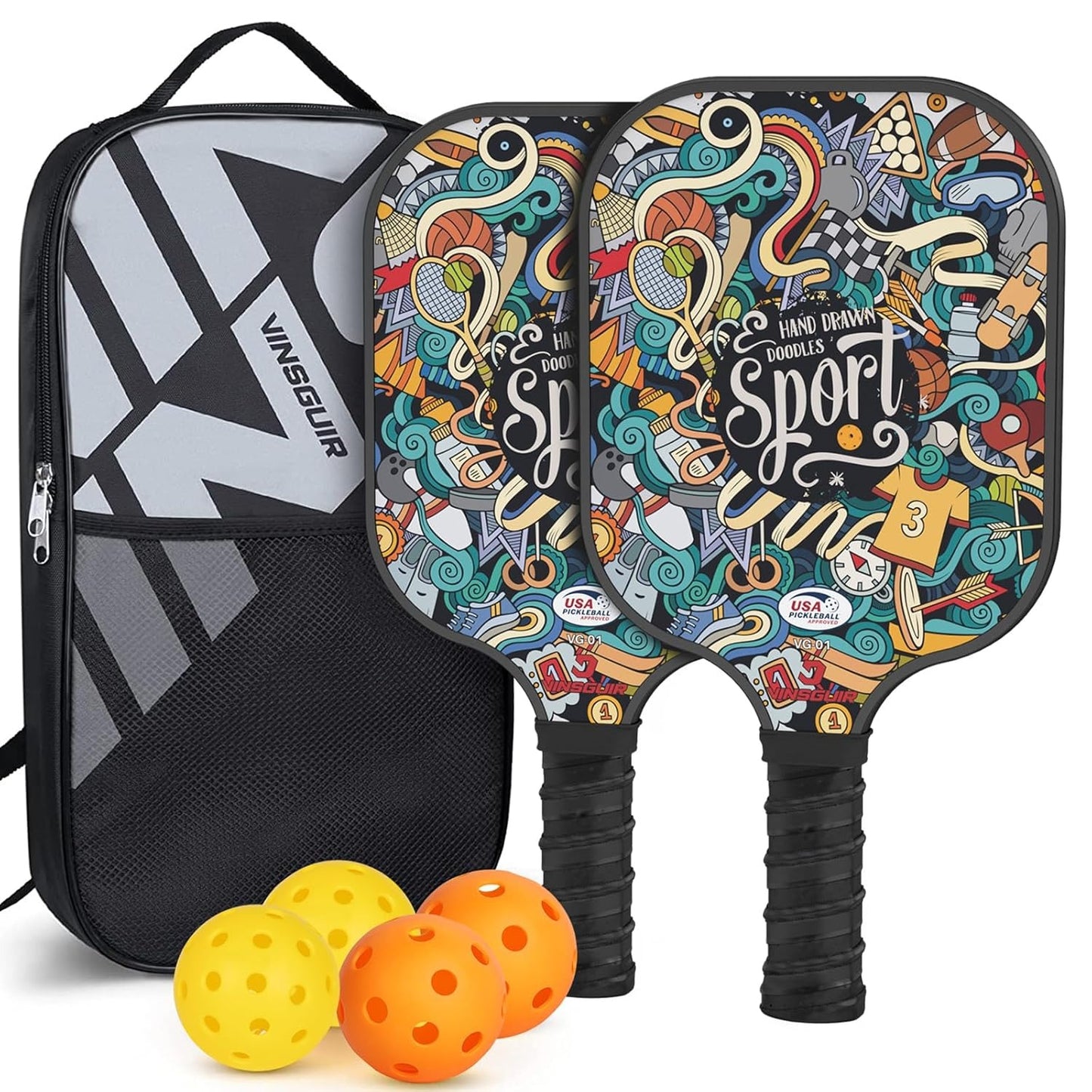 Hunzo Pickleball Paddle - 2 Premium Graphite Rackets Honeycomb Composite Core with Cushion Comfort Grip & 4 Balls & Portable Racquet Bag (Hand Drawn Doodles + 3 Outdoor Balls +1 Indoor Ball+ Bag)
