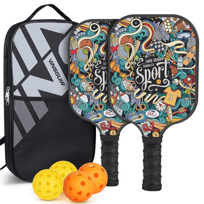 Hunzo Pickleball Paddle - 2 Premium Graphite Rackets Honeycomb Composite Core with Cushion Comfort Grip & 4 Balls & Portable Racquet Bag (Hand Drawn Doodles + 3 Outdoor Balls +1 Indoor Ball+ Bag)