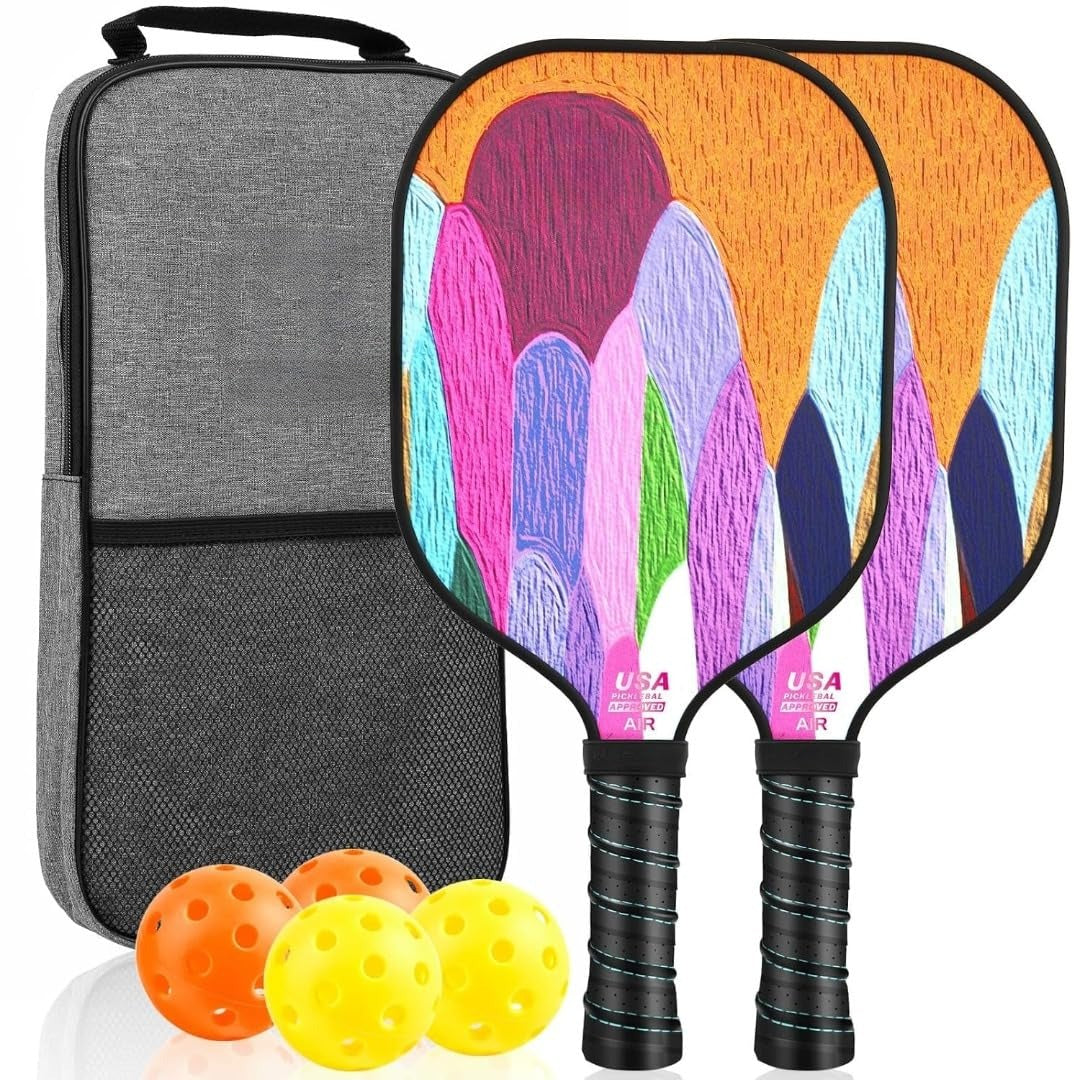 Hunzo Pickleball Paddle - 2 Premium Graphite Rackets Honeycomb Composite Core with Cushion Comfort Grip & 4 Balls & Portable Racquet Bag (Hand Drawn Doodles + 3 Outdoor Balls +1 Indoor Ball+ Bag)