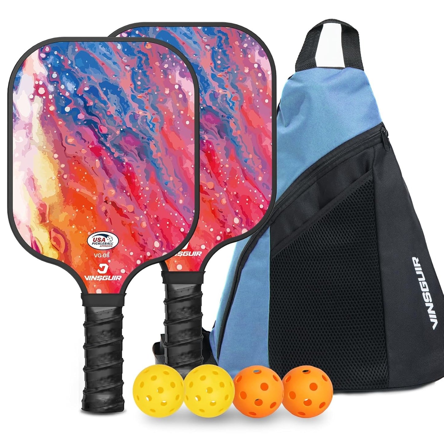 Hunzo Pickleball Paddle - 2 Premium Graphite Rackets Honeycomb Composite Core with Cushion Comfort Grip & 4 Balls & Portable Racquet Bag (Hand Drawn Doodles + 3 Outdoor Balls +1 Indoor Ball+ Bag)