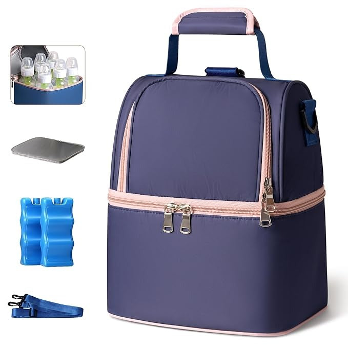 NCVI Breastmilk Cooler Bag with 2 Ice Pack, Breast Pump Bag with Cooler Fits 6 Bottles, Double Layer Breast Milk Travel Bag Baby Bottle, for Travel, Nursing Mom Daycare, Work, Picnic