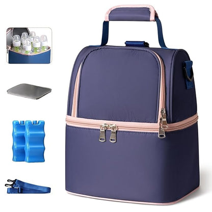 NCVI Breastmilk Cooler Bag with 2 Ice Pack, Breast Pump Bag with Cooler Fits 6 Bottles, Double Layer Breast Milk Travel Bag Baby Bottle, for Travel, Nursing Mom Daycare, Work, Picnic