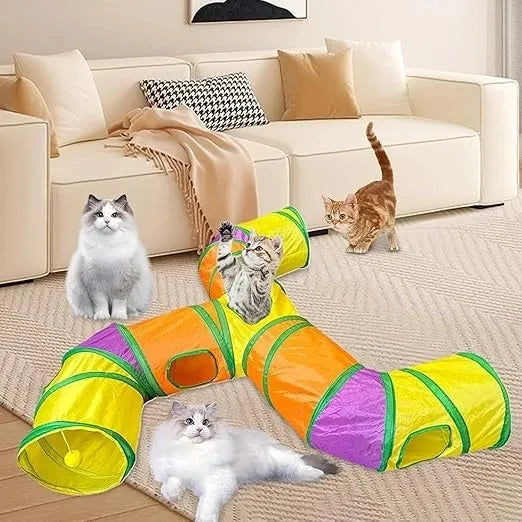 Interactive Cat Toy – 3 Way Rainbow Tunnel with Electronic Running Mouse & Automatic Teaser