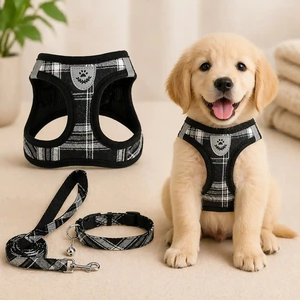 Dog wearing a lightweight breathable mesh harness with reflective stitching on a sunny walk.