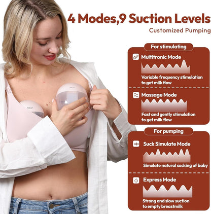 NCVI Hands Free Breast Pump 8131, Wearable Breastfeeding Pump with 4 Modes & 9 Levels, Portable Rechargeable Milk Pump with LED Display, Low Noise & Discreet, 19/21/24 mm Flanges, 2 Pack Pink