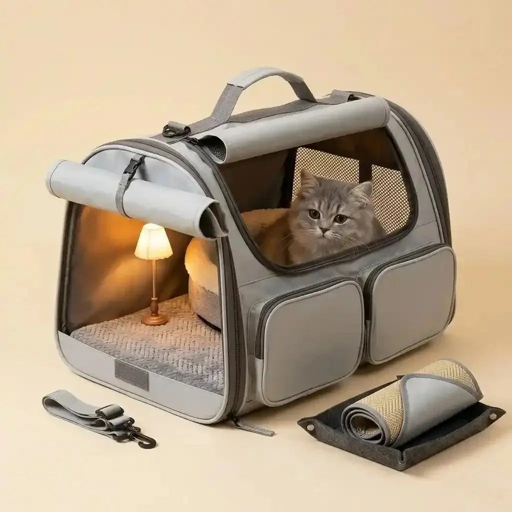 A durable, ventilated pet carrier backpack with a transparent polycarbonate bubble dome for small cats and toy breed dogs.