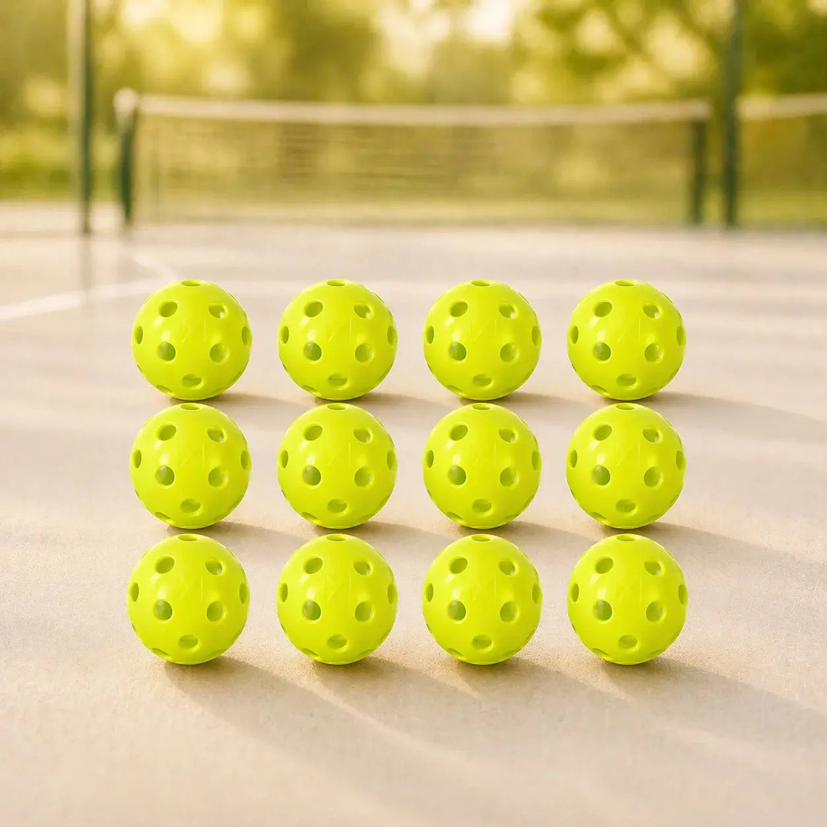 A standard perforated plastic pickleball ball resting on a hard court surface.