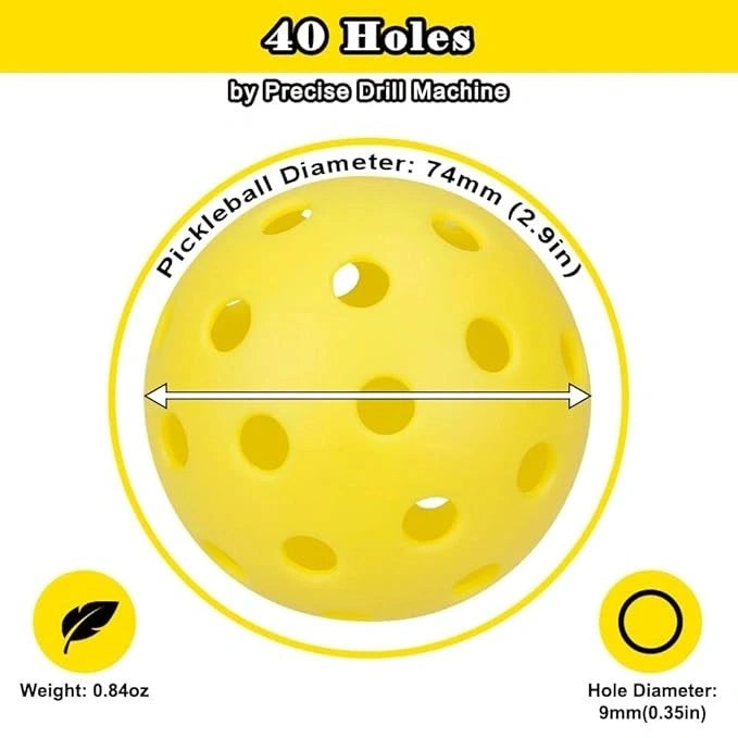 Diagram of a yellow 40-hole pickleball showing its 74mm diameter and 9mm hole size