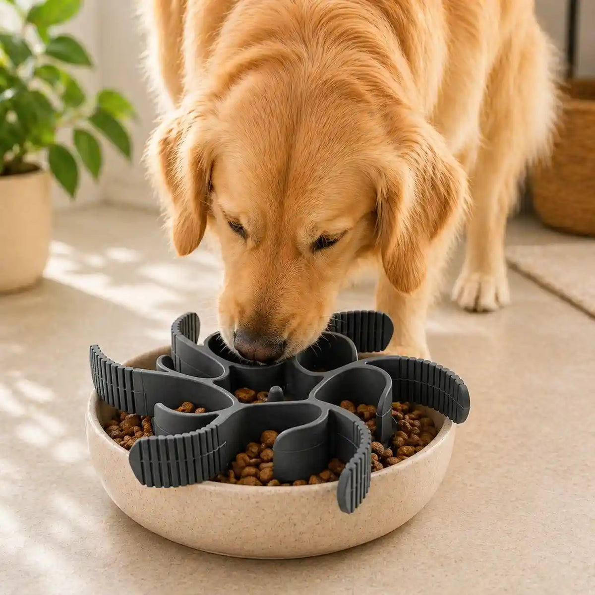 A flexible slow feeder dog bowl insert placed securely inside a standard pet dish.