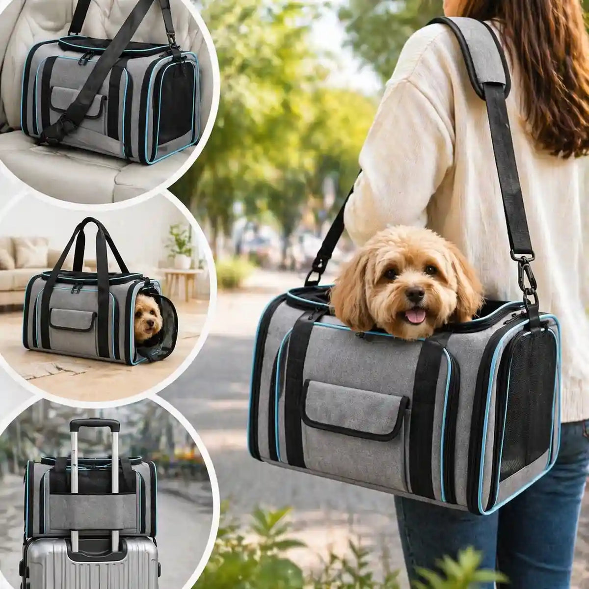 Soft pet carrier bag with mesh ventilation and comfortable interior padding for small pets.