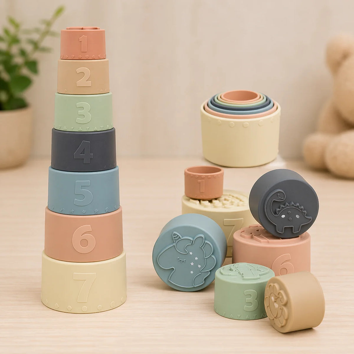 Colorful stacking baby toys sensory learning set arranged on a clean background for early childhood development.